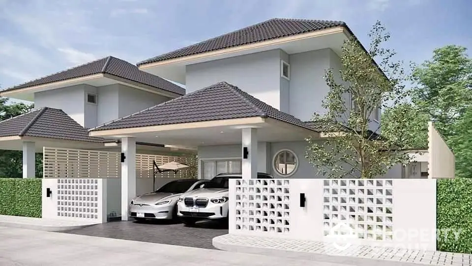 Elegant modern house with luxury cars in driveway, showcasing contemporary architecture and lush greenery.