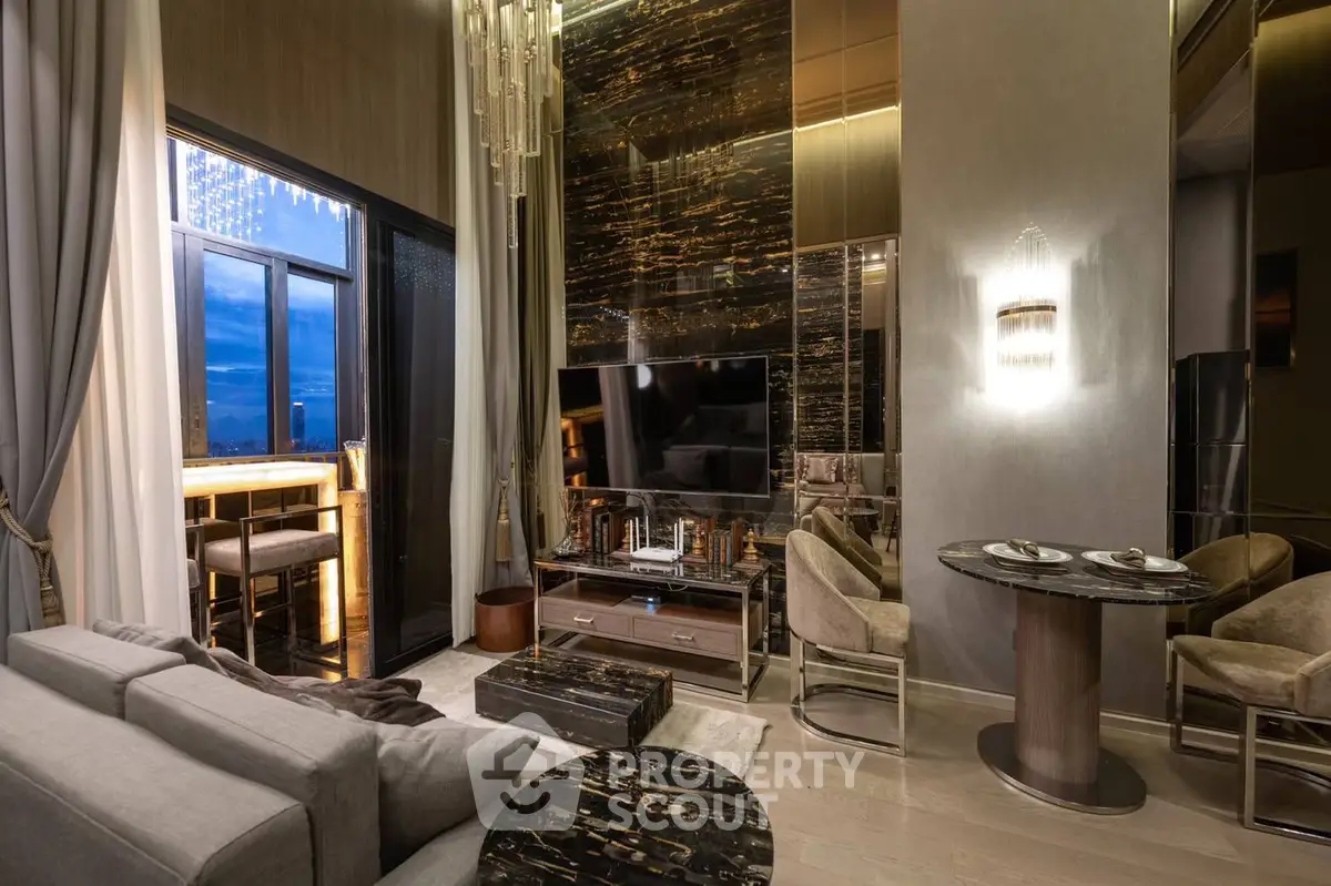 Luxurious modern living room with elegant decor and balcony view