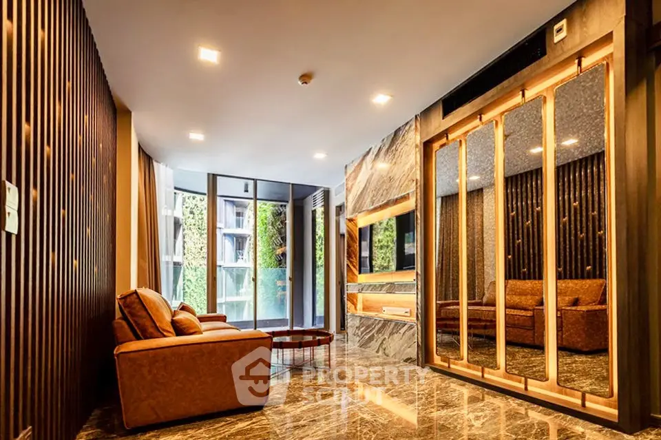 Luxurious modern living room with marble flooring and elegant decor