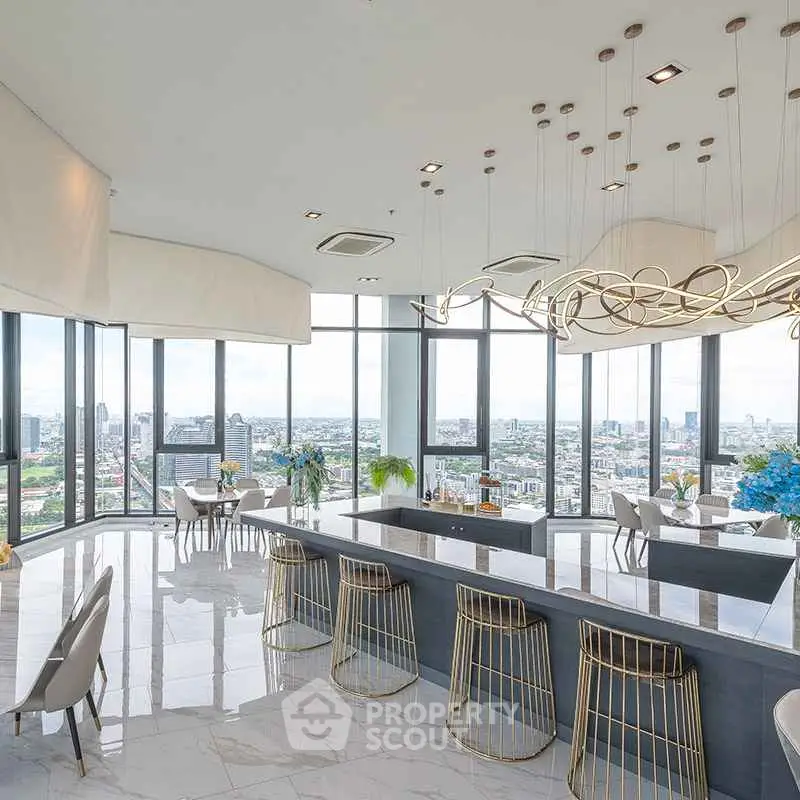 Luxurious high-rise living room with panoramic city views and modern decor