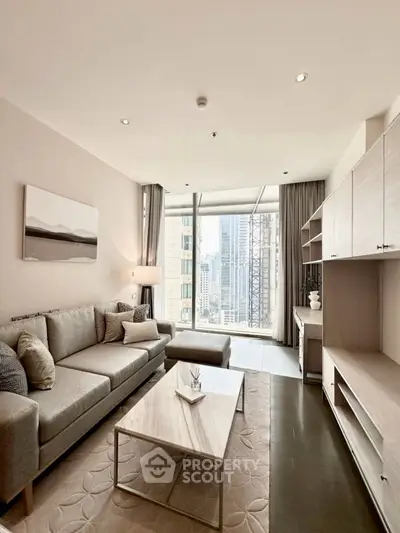 Modern living room with city view, stylish furniture, and natural light.