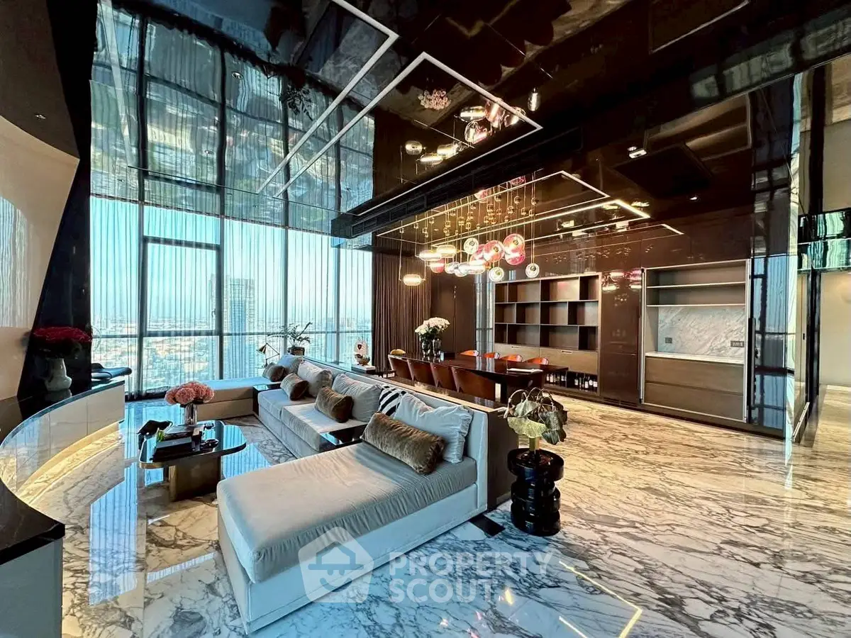 Luxurious modern living room with marble floors and panoramic city views