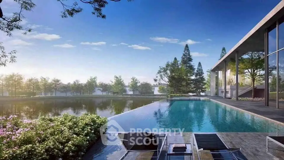 Luxurious modern poolside view with serene landscape and sleek architecture.
