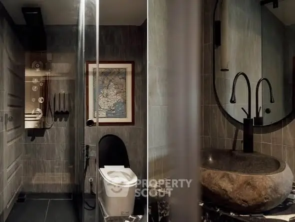 Luxurious modern bathroom with stone sink and sleek fixtures