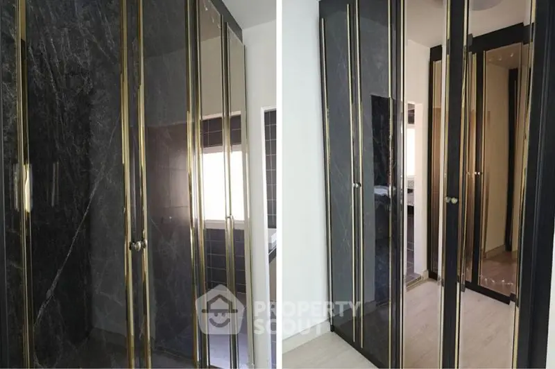 Luxurious modern closet with mirrored doors and sleek design
