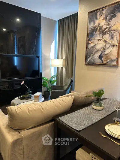 Modern living room with elegant decor and cozy seating area