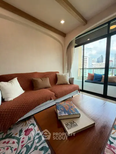 Chic living room with cozy sofa and city view balcony in modern apartment