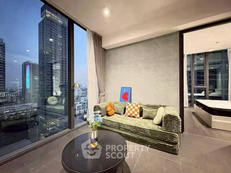 Luxurious living room with stunning city view and modern decor