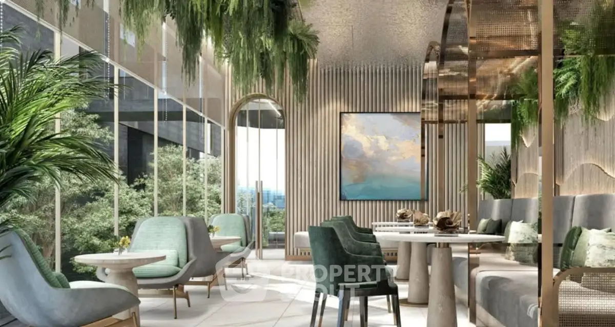 Luxurious modern lounge with elegant seating and lush greenery, perfect for relaxation and social gatherings.