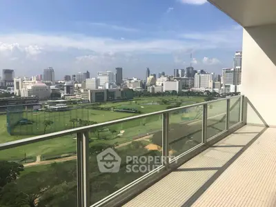 Spacious balcony with stunning city skyline and golf course view