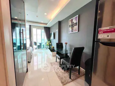 Modern apartment interior with sleek dining area and cozy living space