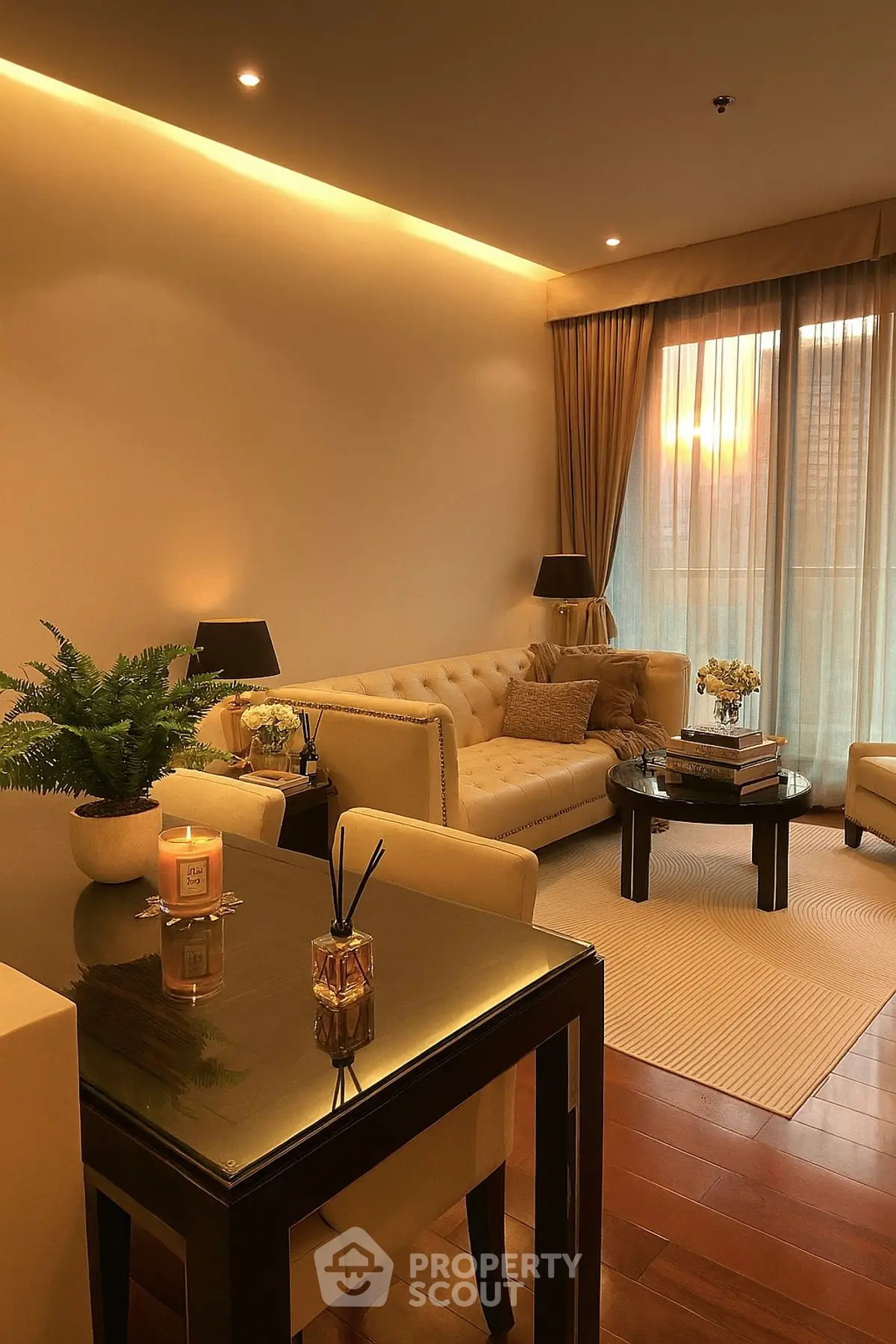 Elegant living room with cozy lighting and plush seating, perfect for relaxation.
