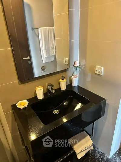 Modern bathroom with sleek black sink and elegant decor