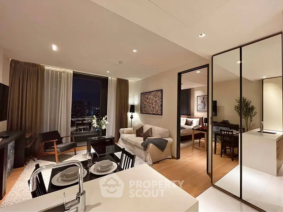 Luxurious open-plan living room with modern decor and city view