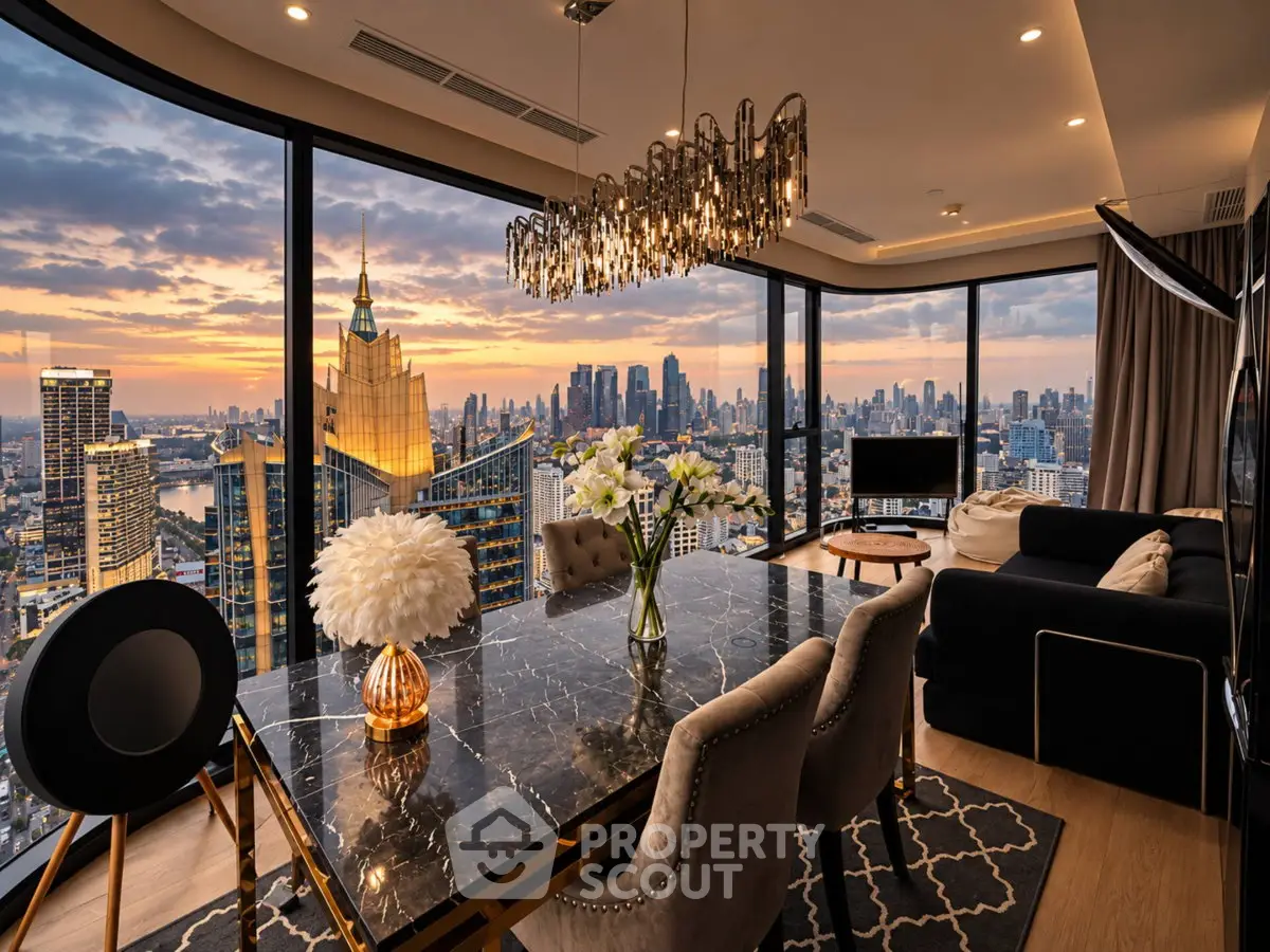 Luxurious high-rise apartment with stunning city skyline view and elegant interior design.