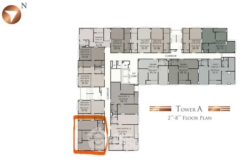 Detailed floor plan of Tower A showcasing 2nd to 8th floor layout with highlighted unit.