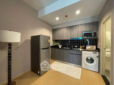 Modern kitchen with sleek cabinetry, stainless steel appliances, and washing machine in a stylish apartment.