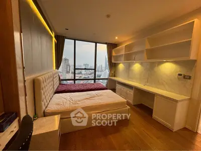 Luxurious bedroom with stunning city view and elegant built-in shelves