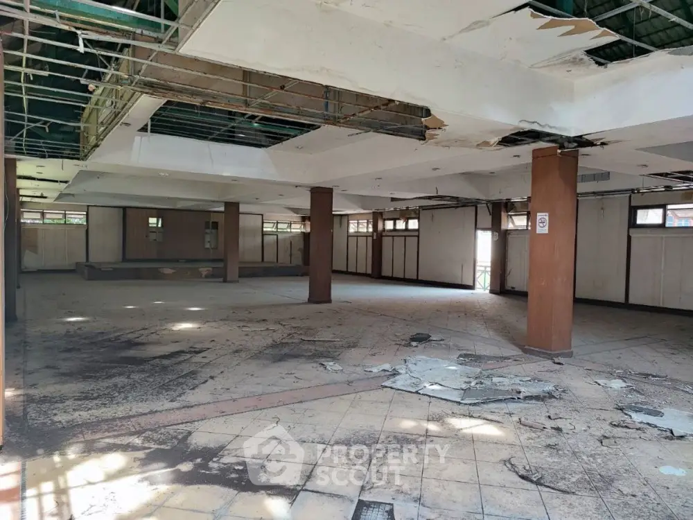 Spacious commercial space with potential for renovation, featuring open layout and natural light.