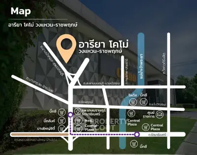 Map showing location of Areeya ToBe Ratchaphruek property with nearby landmarks and routes.
