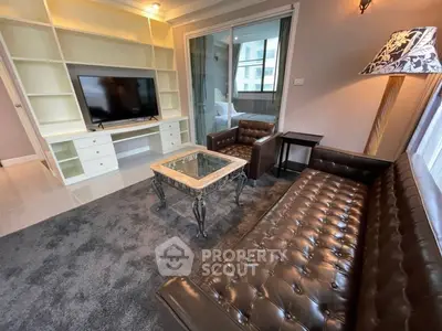 Luxurious living room with leather sofas and modern decor in high-end apartment