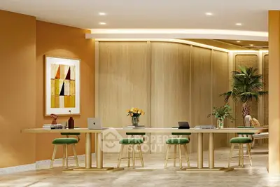 Modern study area with sleek wooden table, vibrant chairs, and elegant decor in warm tones.