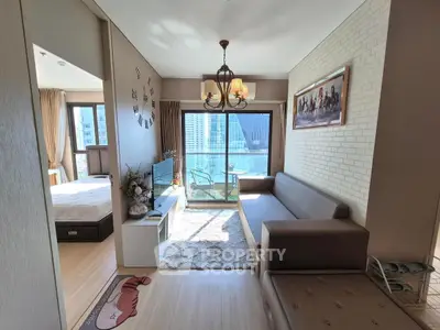 Modern living room with balcony view in stylish apartment