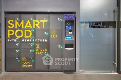 Modern smart locker system in a sleek building entrance