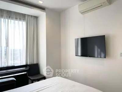 Modern bedroom with wall-mounted TV and piano near window