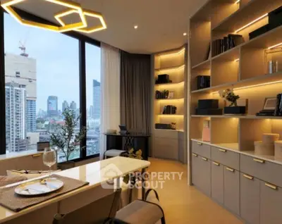 Luxurious modern living room with city view, elegant lighting, and built-in shelves in high-rise apartment.