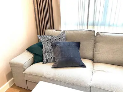 Cozy living room with stylish sofa and decorative pillows, perfect for relaxation and comfort.
