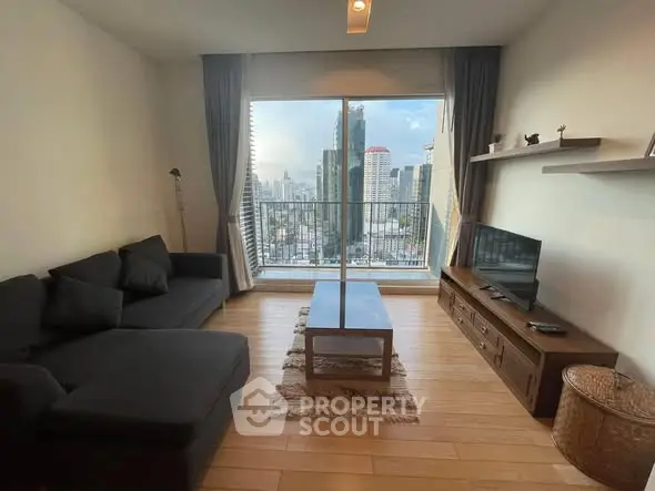 Modern living room with stunning city view and cozy furnishings