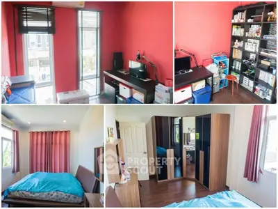Charming two-bedroom apartment with vibrant red accent wall, modern furnishings, and ample natural light.