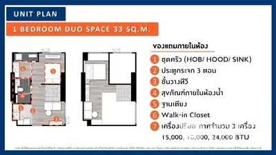 Modern 1-bedroom duo space unit plan with detailed layout and features.