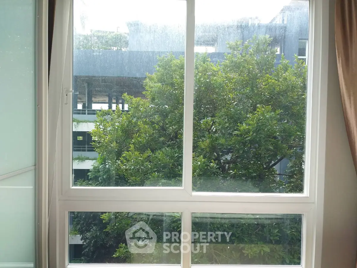 Bright window view with lush greenery and modern building exterior, perfect for nature lovers.