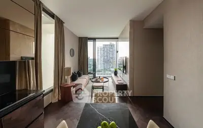 Modern living room with city view, stylish furniture, and elegant decor.