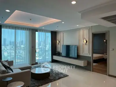 Luxurious modern living room with city view and elegant decor