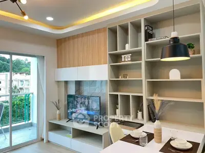 Modern living room with stylish shelving and balcony view