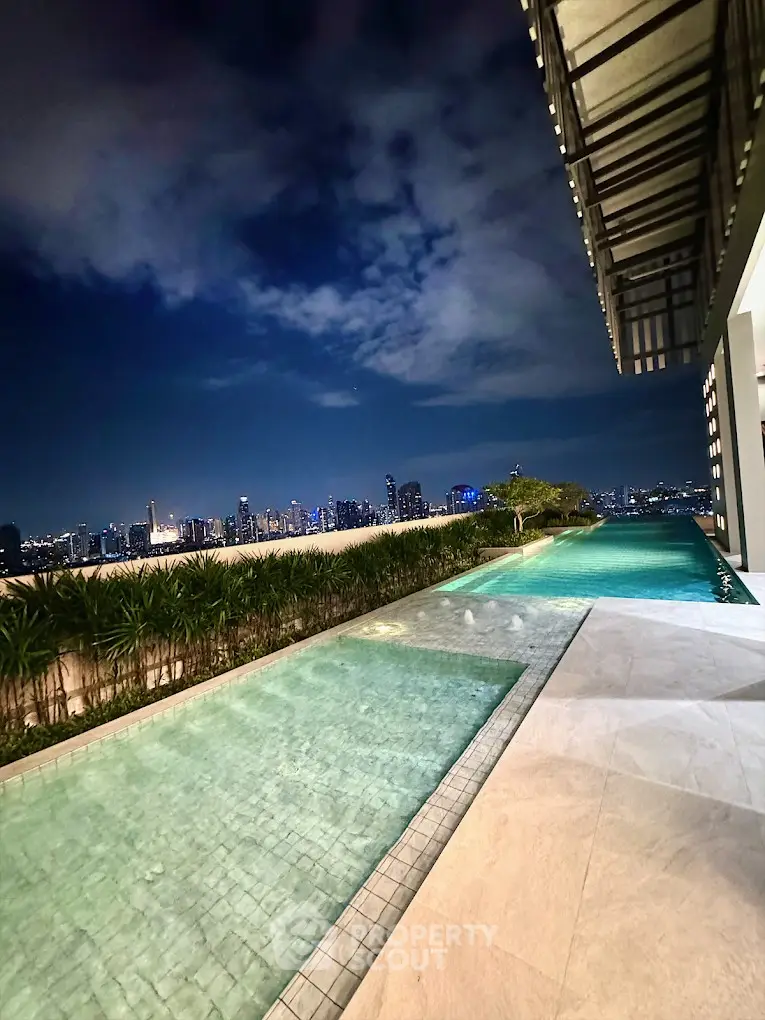Luxurious rooftop pool with stunning city skyline view at night.