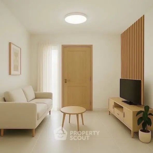 Modern minimalist living room with beige sofa, wooden furniture, and natural light.