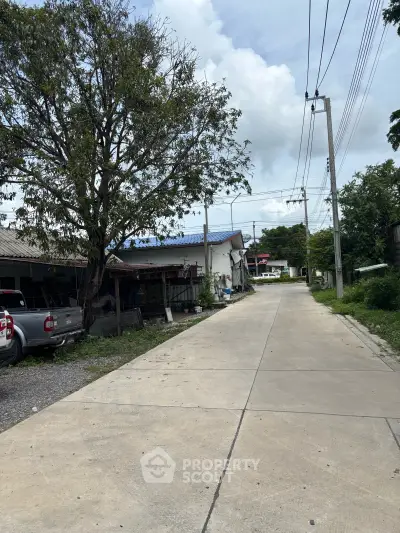 Charming suburban street view with lush greenery and residential homes, perfect for peaceful living.