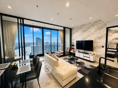 Luxurious modern living room with stunning city view and elegant decor