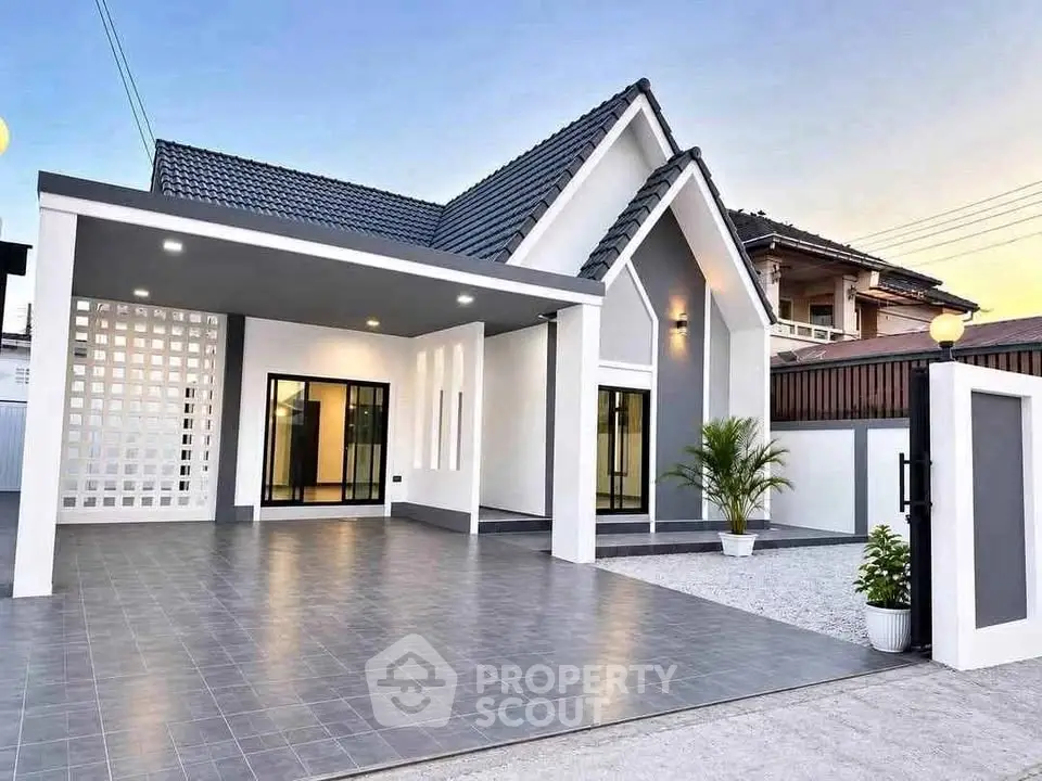Modern single-story house with sleek design and spacious driveway