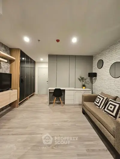 Modern living room with stylish decor and ample storage space