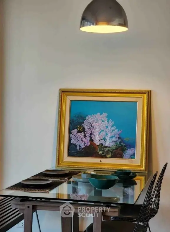 Stylish dining area with modern decor and elegant lighting