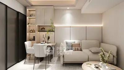 Modern living room with cozy seating and elegant dining area