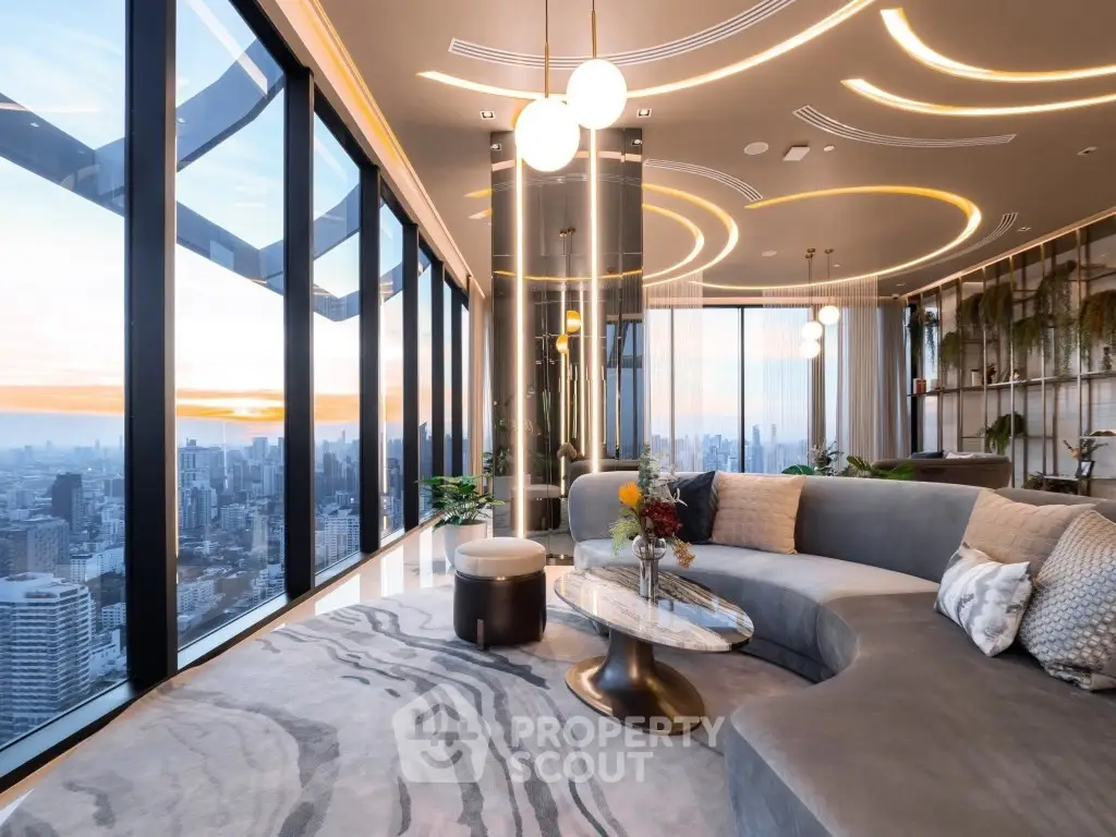Luxurious modern living room with panoramic city views and elegant lighting