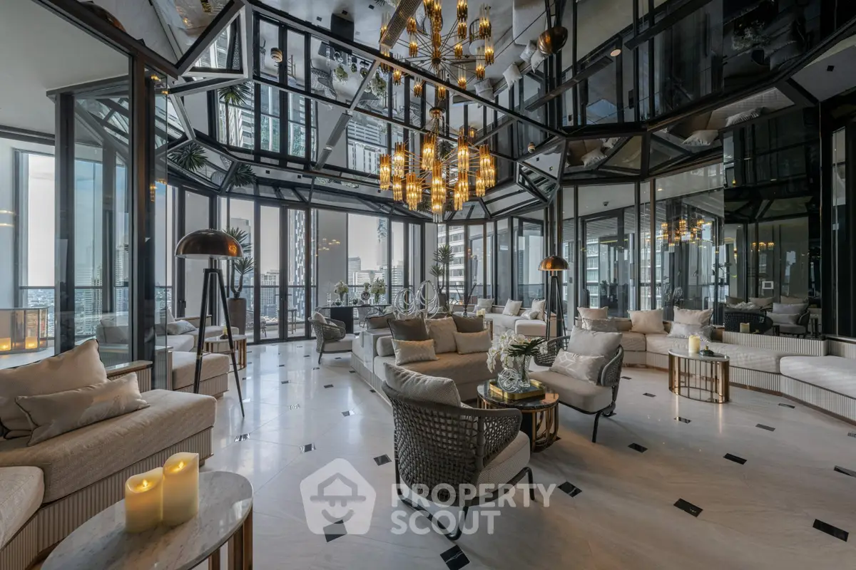 Luxurious modern living room with panoramic city views and elegant decor