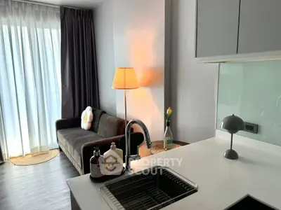 Modern apartment interior with cozy living room and stylish kitchen area