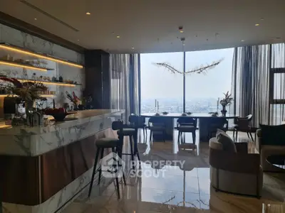 Luxurious high-rise apartment with marble bar counter, elegant dining area, and panoramic city views through floor-to-ceiling windows, reflecting sophistication.